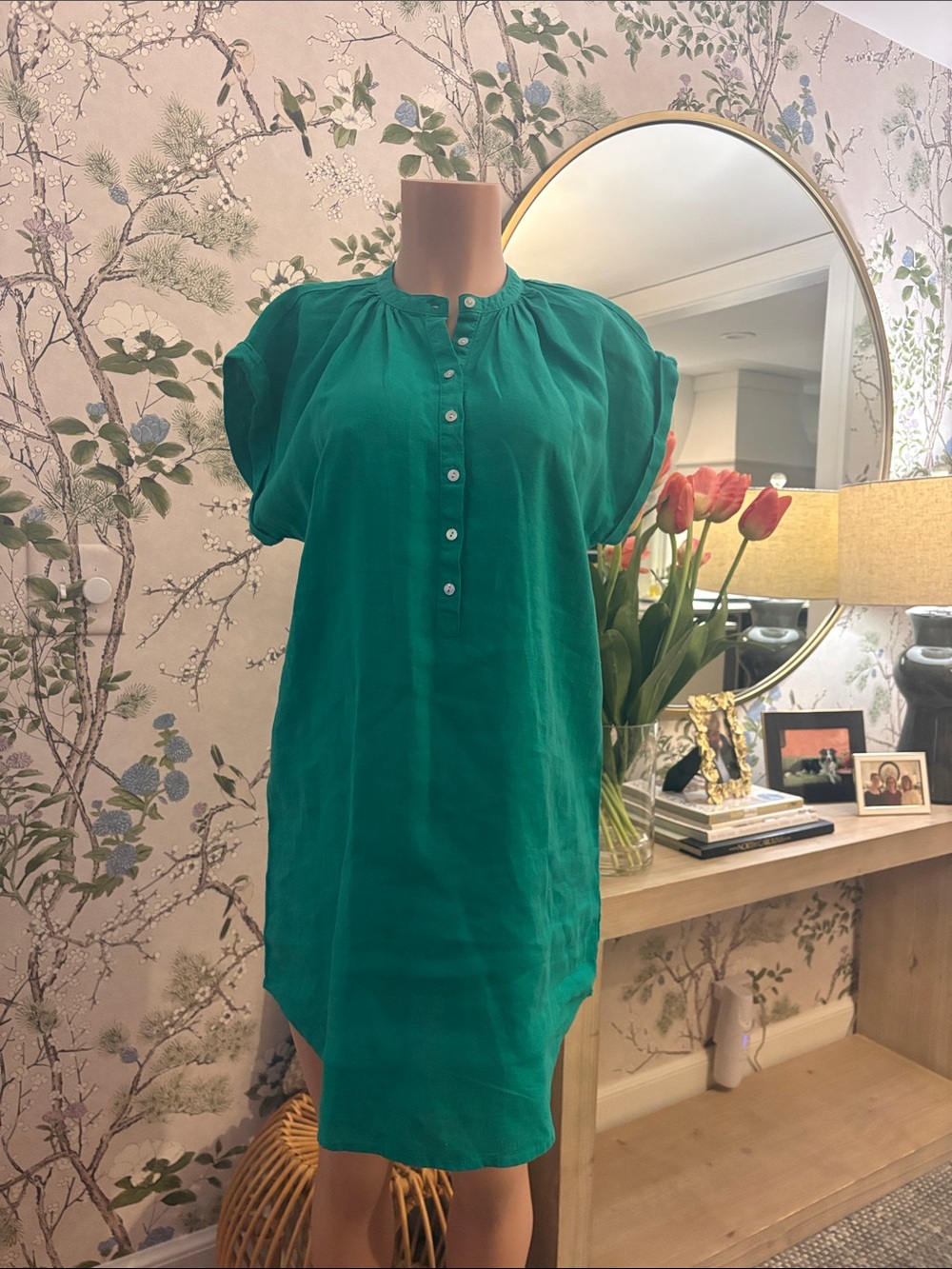 Bella Dahl Emerald Green Short-Sleeve Button-Front Tunic Dress